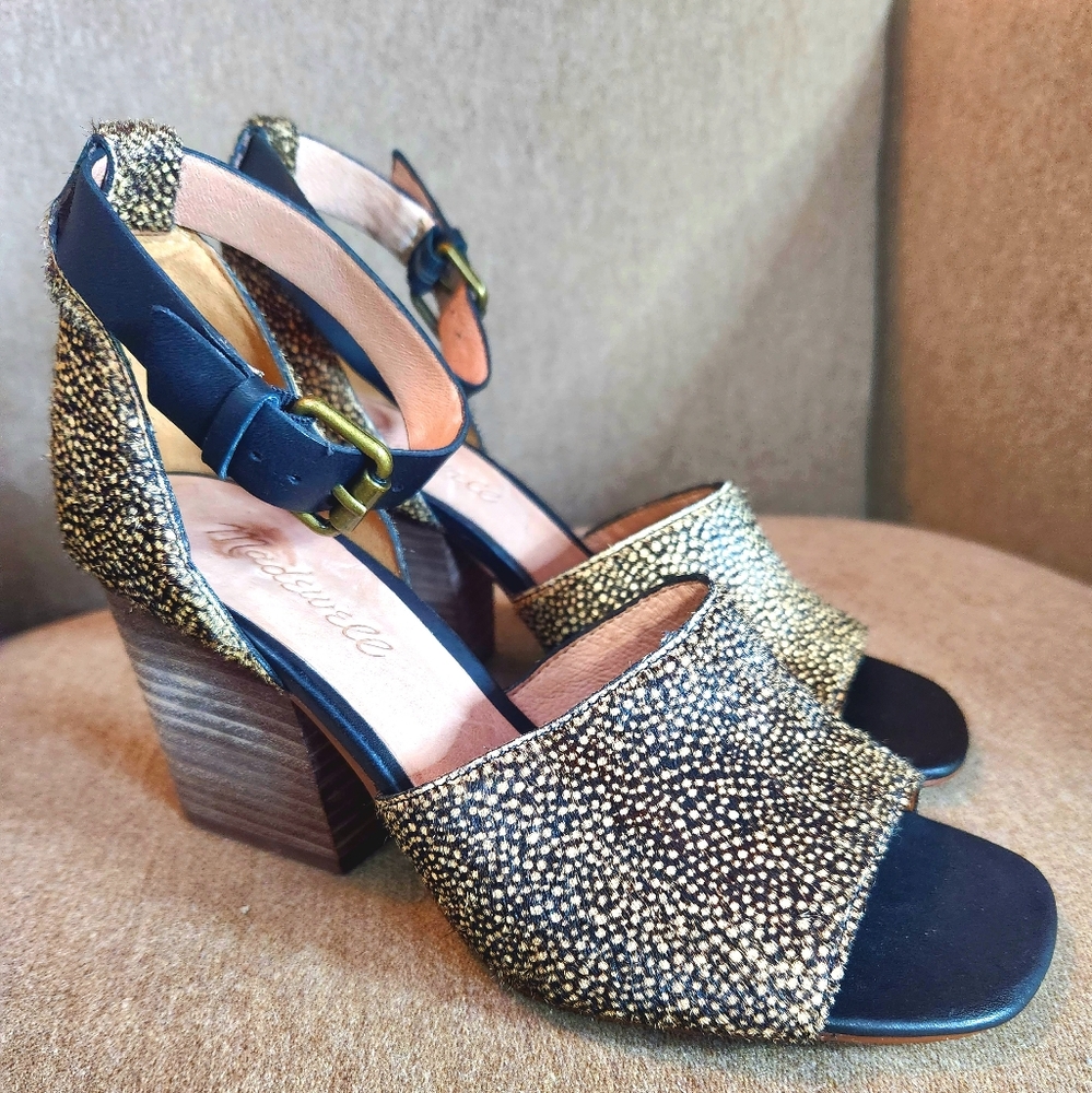 Madewell Alena Spotted Calf Hair Heeled Sandal Leather Ankle Strap Size 5.5